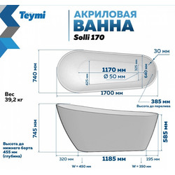 Акриловая ванна Teymi Solli  170x74x75, синяя матовая T130109