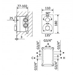 Смеситель термостатический скрытого монтажа с 3 выходами Bruma Elo 138 140 1CR Chrome