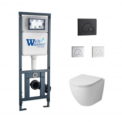 Комплект инсталляции WeltWasser Marberg 410 RD с чёрной кнопкой и унитазом Grossman GR-4455SQ