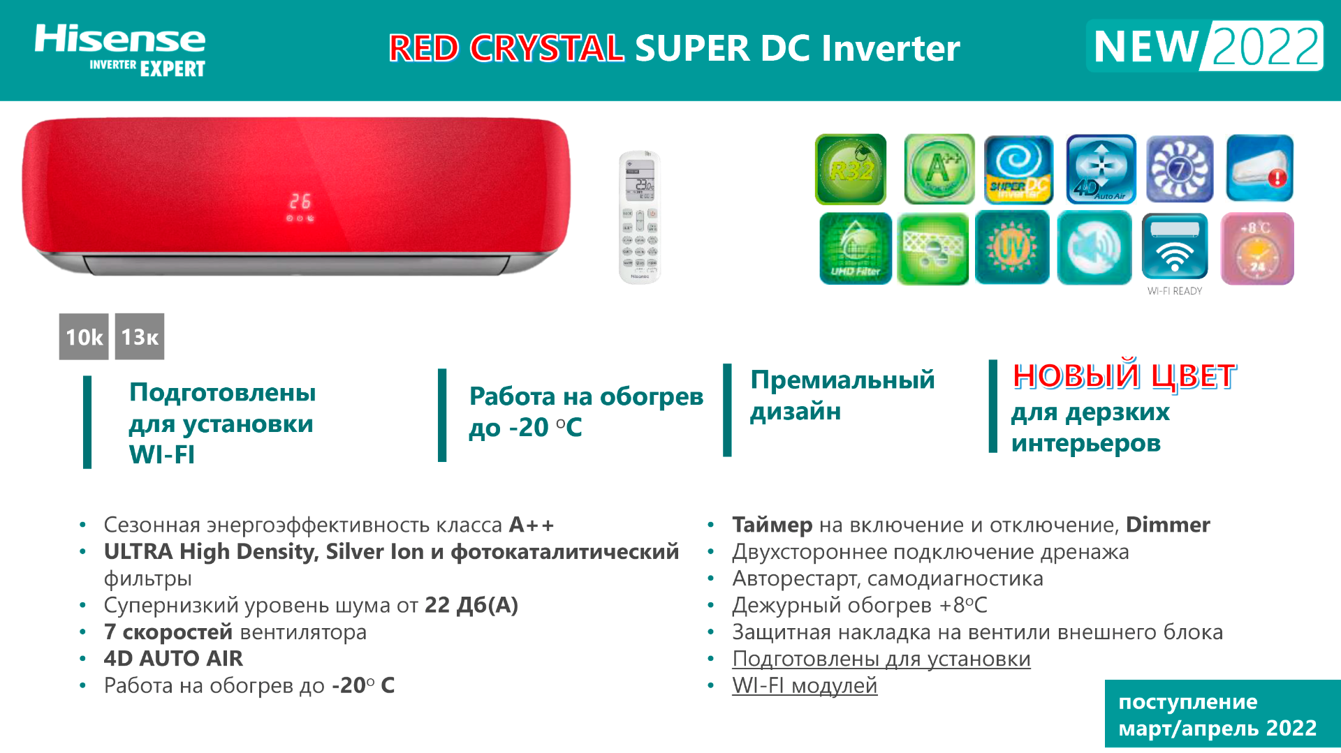 Сплит-система Hisense RED CRYSTAL Super DC Inverter AS-10UW4RVETG00(R)  купить, цена, описание, отзывы